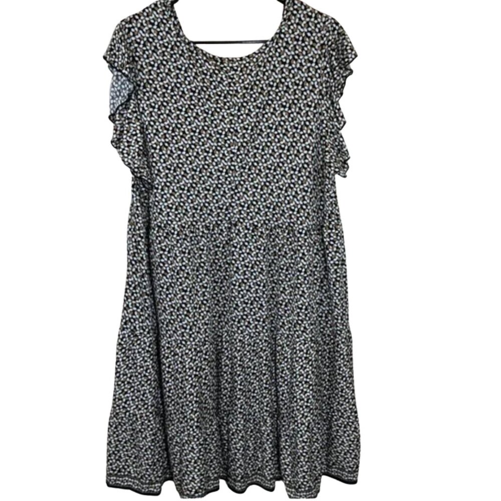 Max Studio Black & Tan Abstract Leaf Print Ruffle SleeveTiered Dress Size 2X - Picture 3 of 9